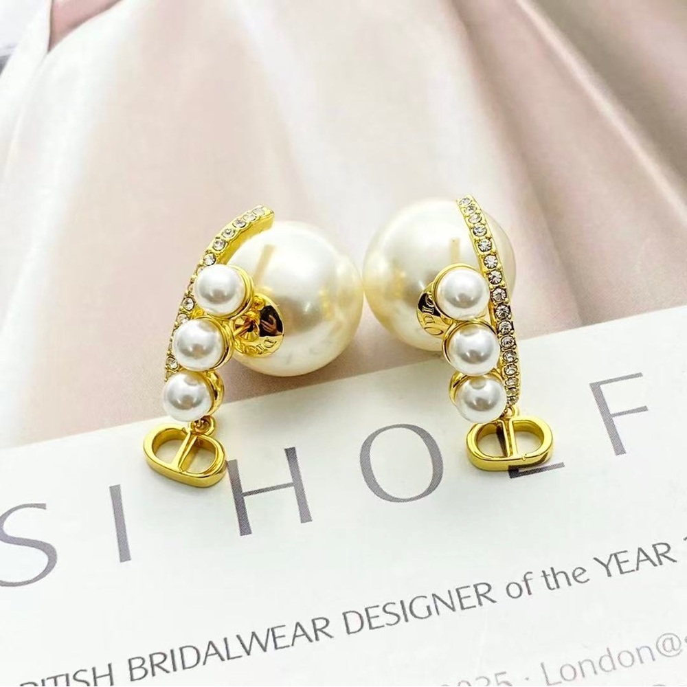 Dior Gold Pearl Drop Earrings with Crystal Accents